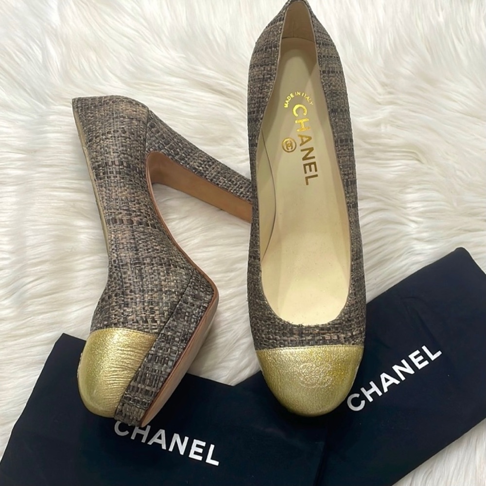 ⚜️New CHANEL Beautiful Tweed Cap Toe Platform Shoes Pumps 39.5 Authenticated